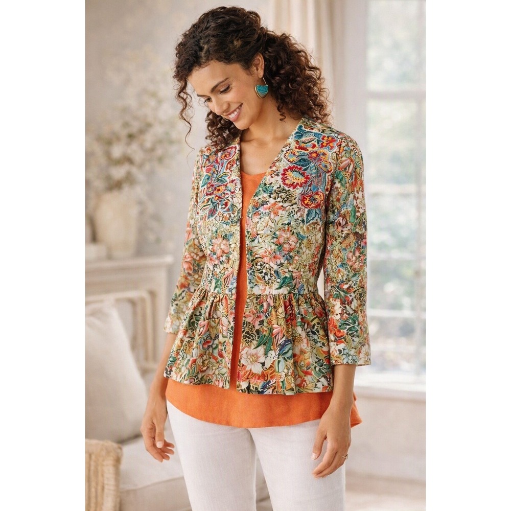 Soft Surroundings Embroidered Ariege Jacket Size M Beaded Peplum BOHO Fairy NEW